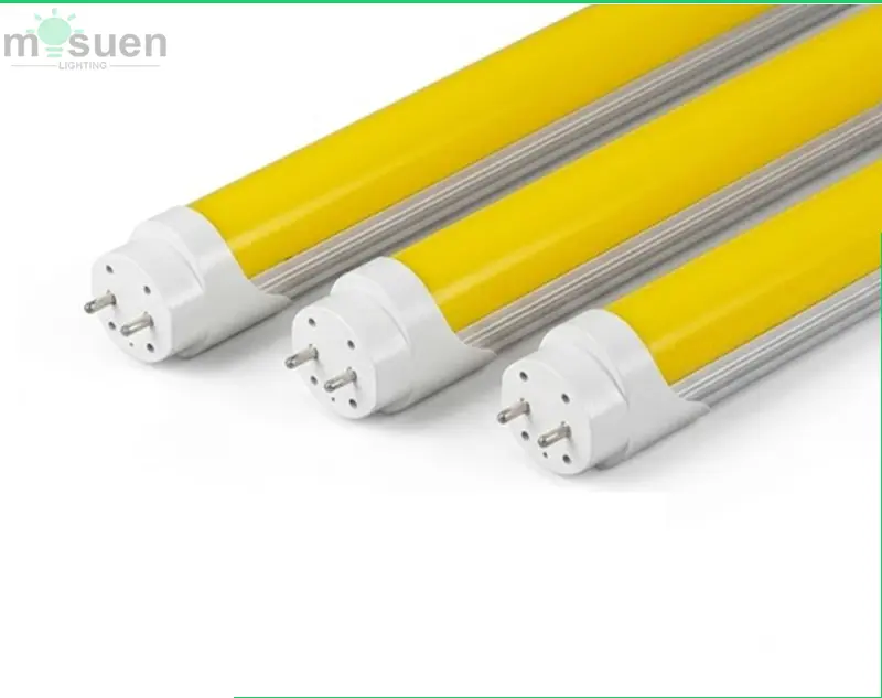 Premium UV-blocking yellow LED tube light with a soft, warm glow for eye protection