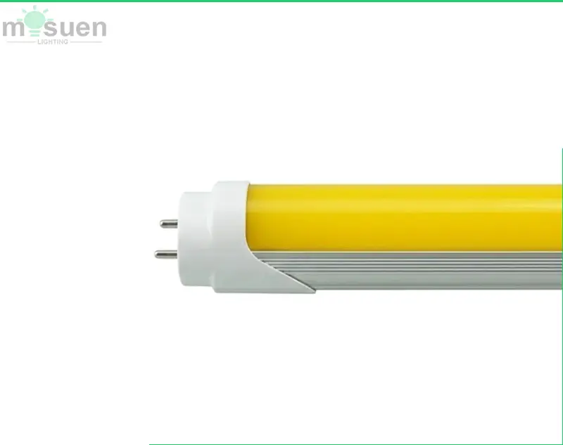 Close-up of the yellow cover LED tube, showing how it diffuses light to reduce blue light and protect eyes, ideal for sensitive environments