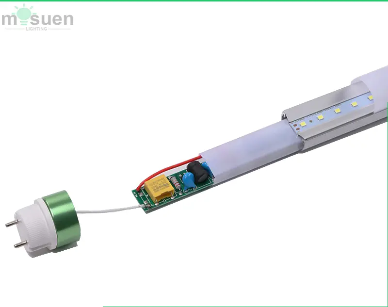 200lm/W 2ft T8 LED tube installed in old fluorescent light fixture for retrofit upgrade