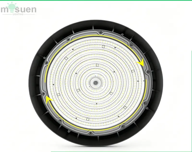 UFO-style LED high bay fixture with high efficacy 210lm/W class performance