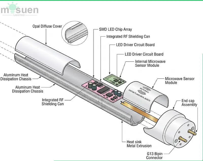 Diagram illustrating microwave sensor detection range and coverage for LED tube